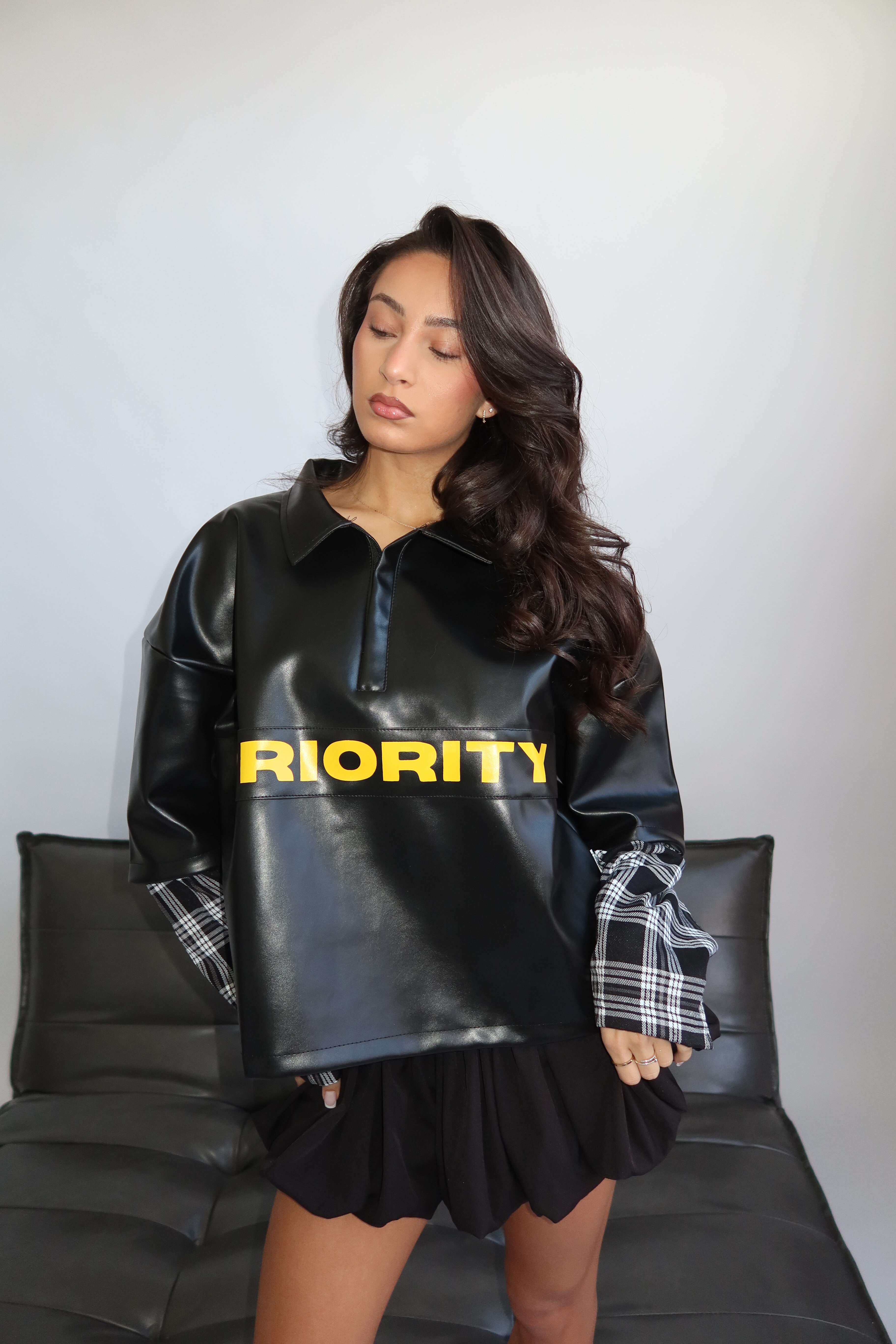 AW25 - PRIORITY - LEATHER SHIRT WITH CHECKED SLEEVES - BLACK - Image 13