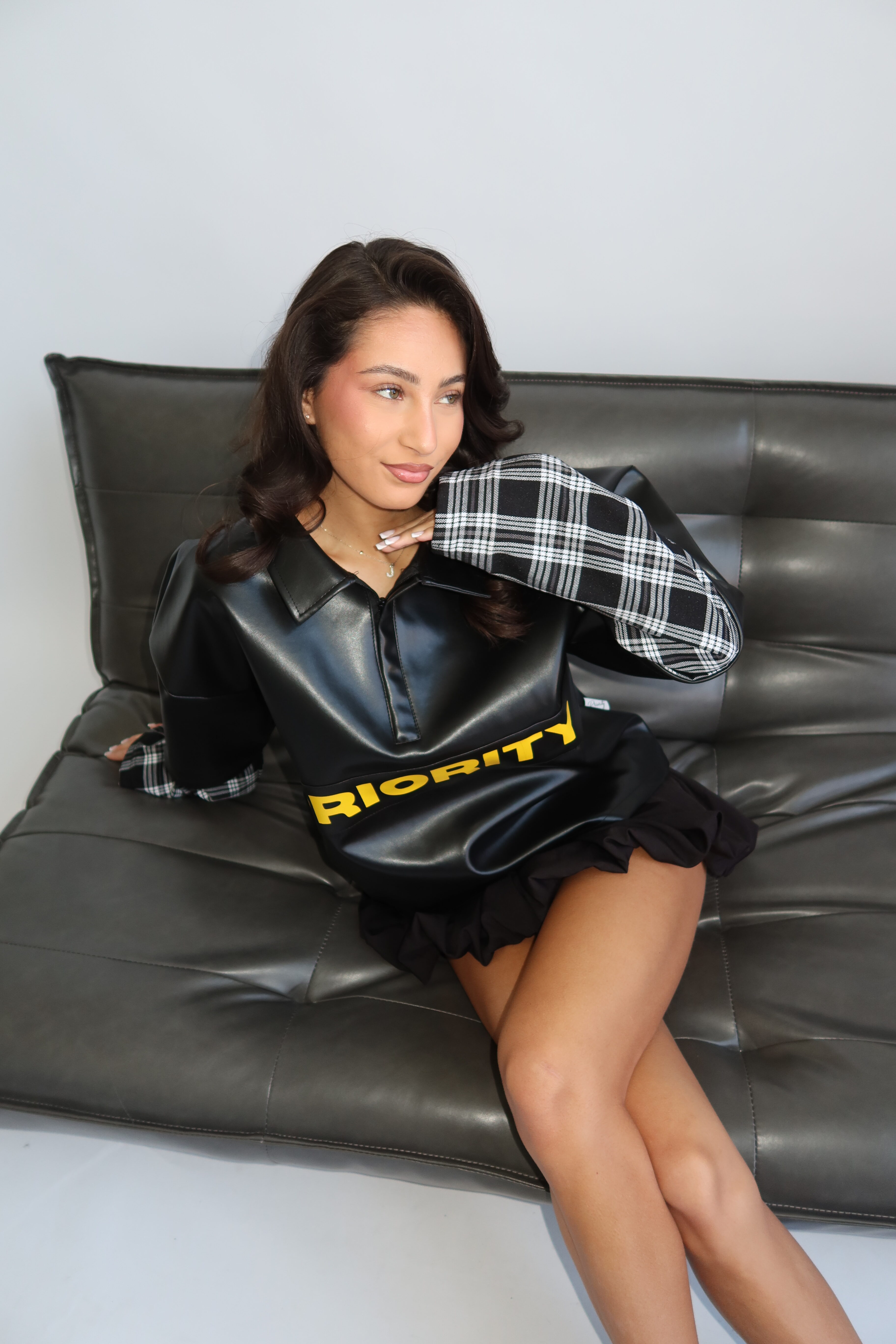 AW25 - PRIORITY - LEATHER SHIRT WITH CHECKED SLEEVES - BLACK - Image 2