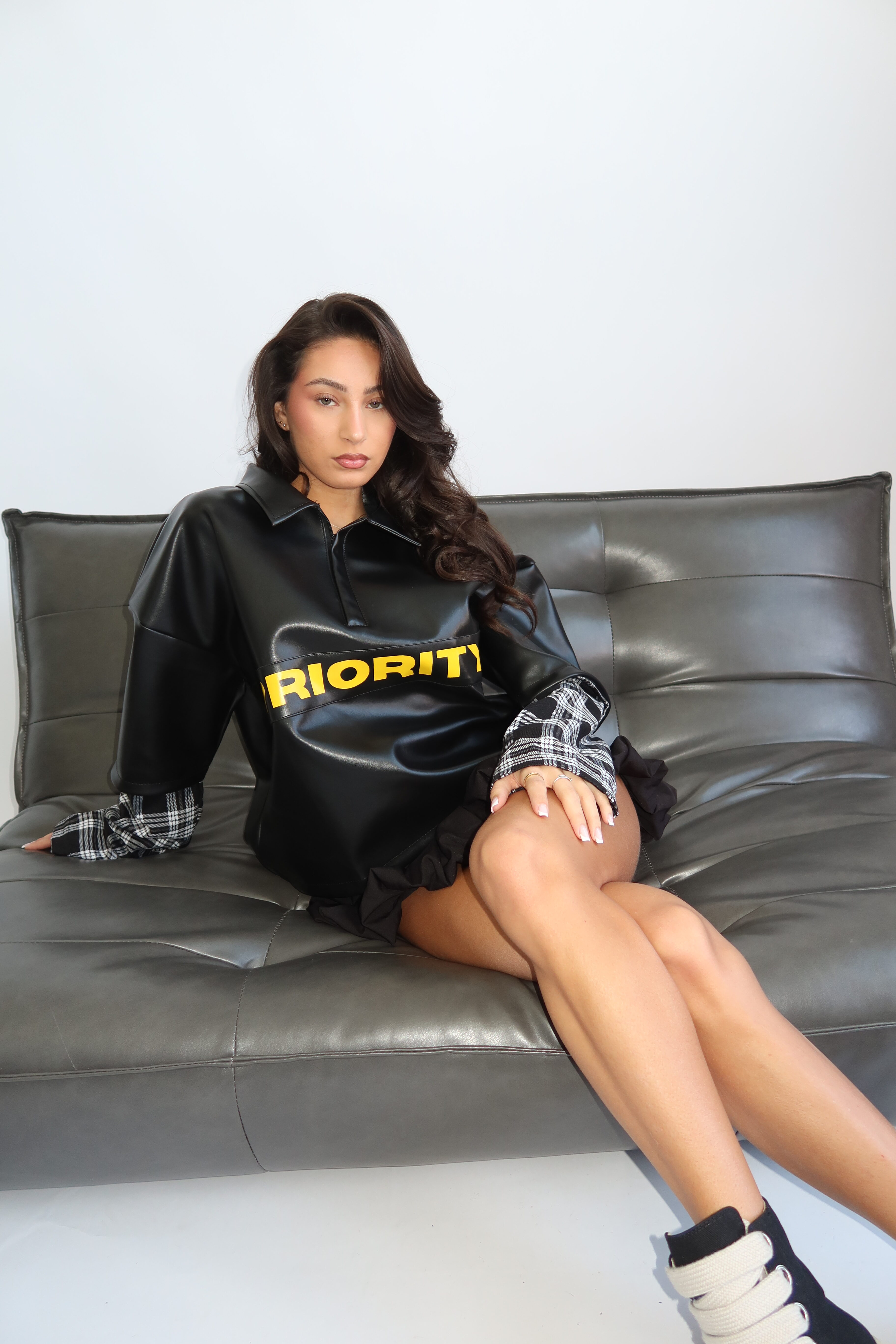 AW25 - PRIORITY - LEATHER SHIRT WITH CHECKED SLEEVES - BLACK - Image 4