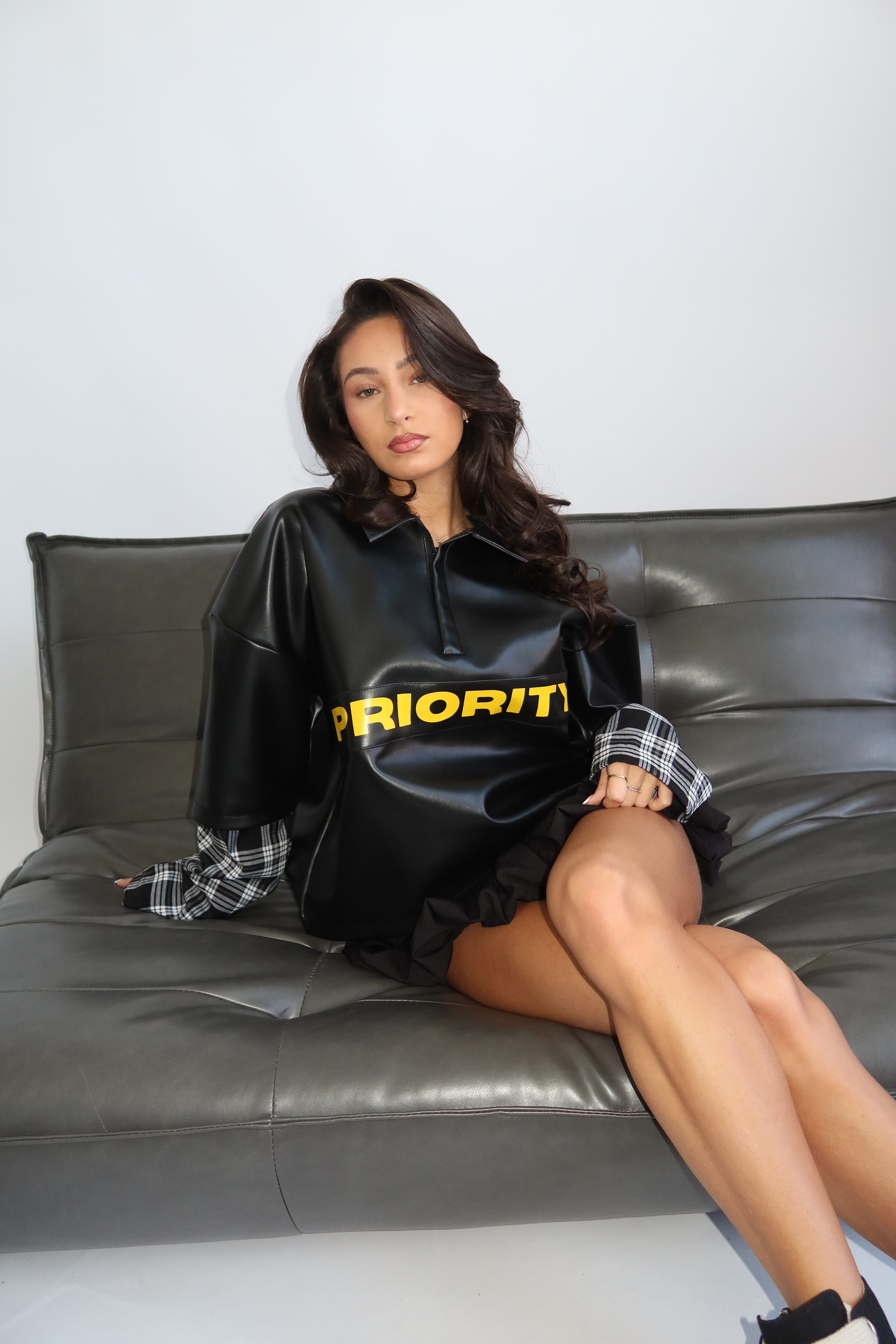 AW25 - PRIORITY - LEATHER SHIRT WITH CHECKED SLEEVES - BLACK - Image 9