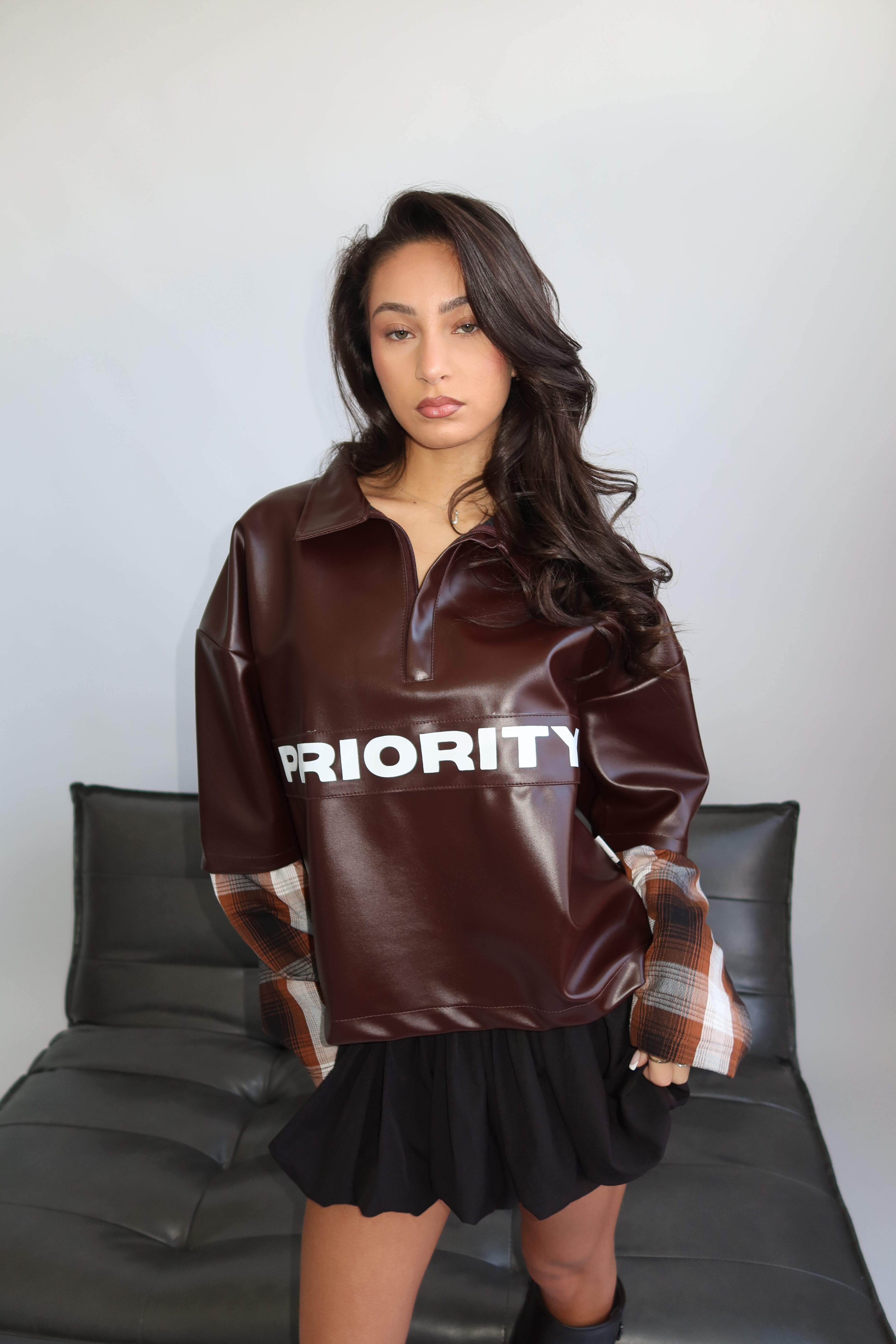 AW25 - PRIORITY - LEATHER SHIRT WITH CHECKED SLEEVES - BROWN - Image 8