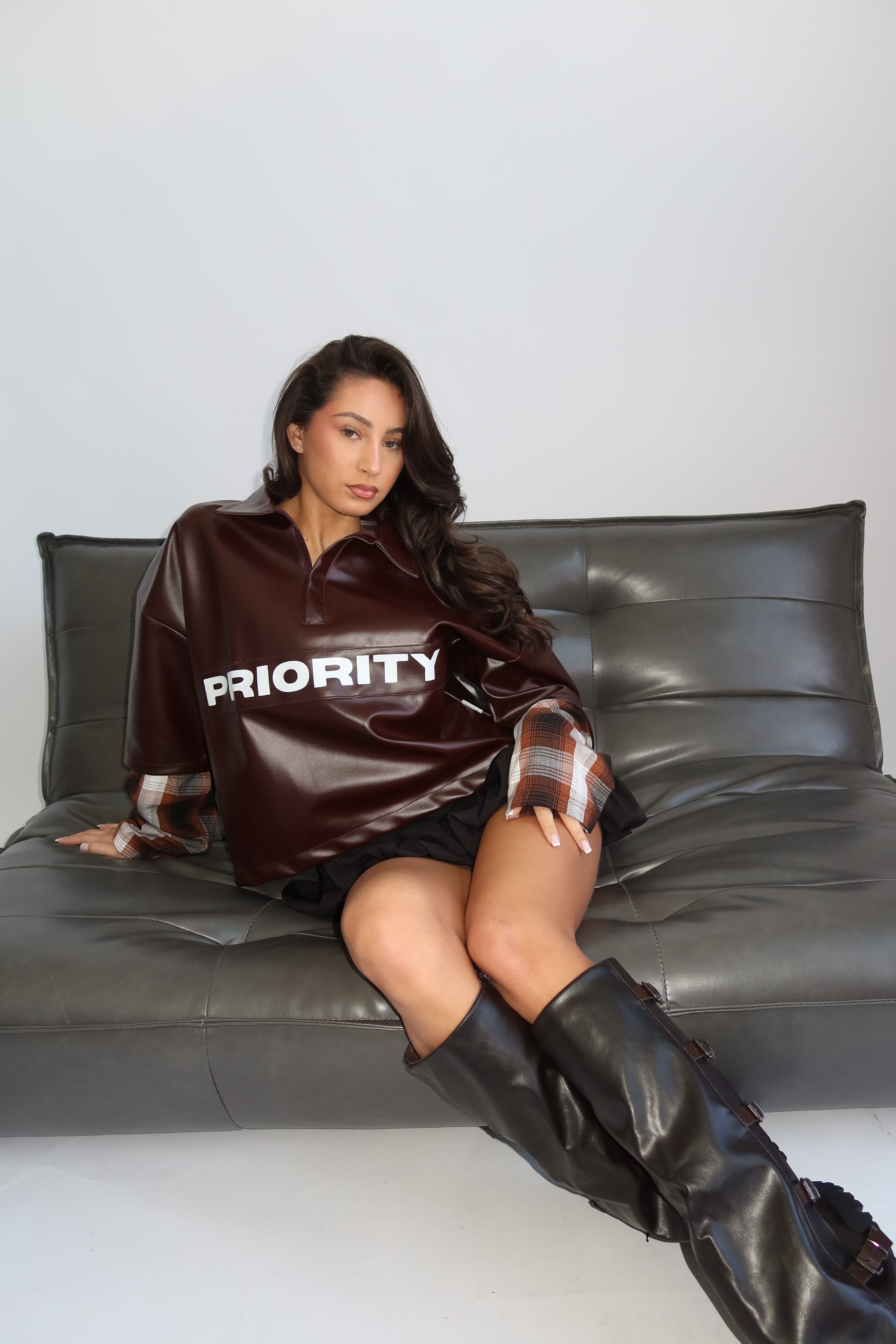 AW25 - PRIORITY - LEATHER SHIRT WITH CHECKED SLEEVES - BROWN - Image 13