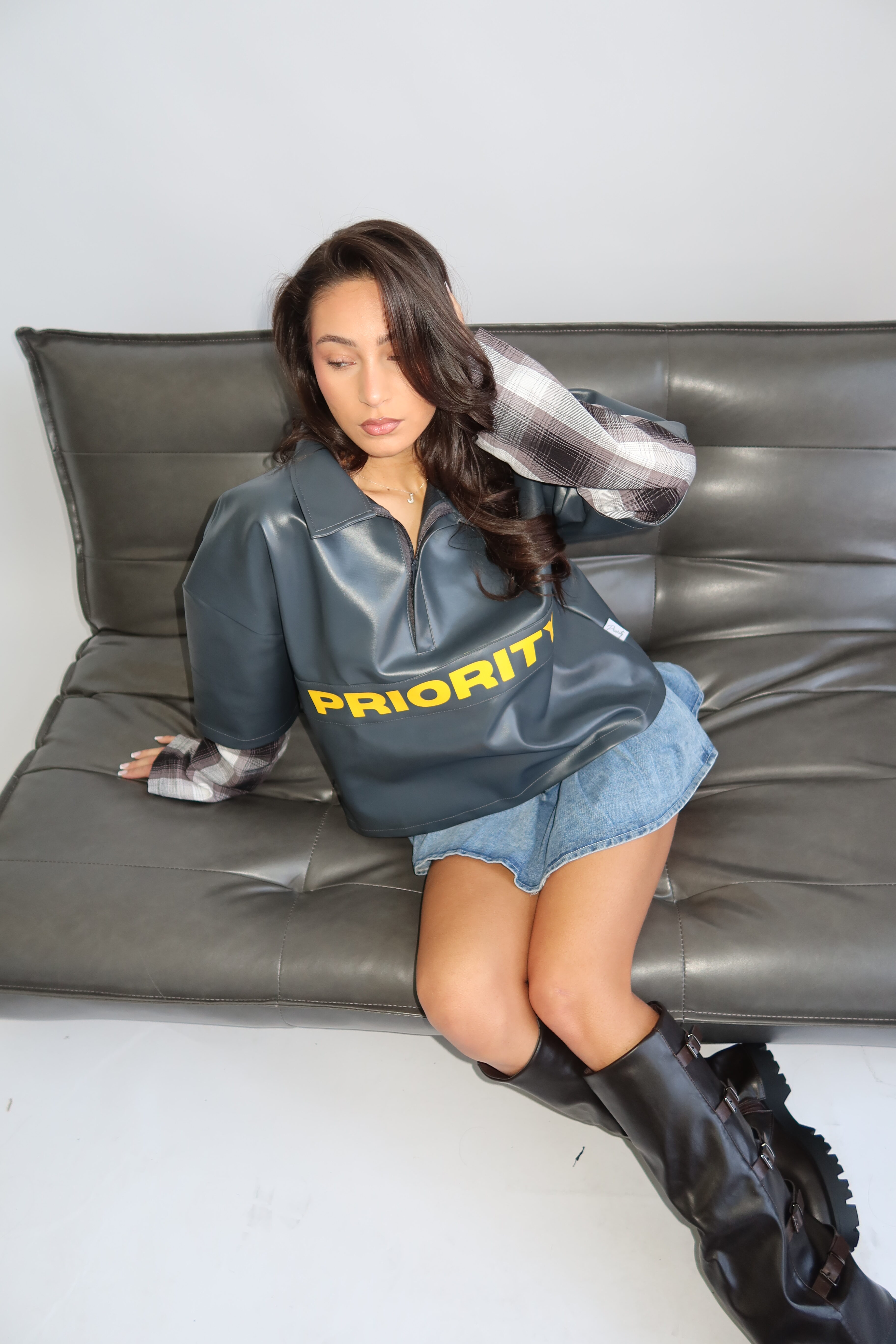 AW25 - PRIORITY - LEATHER SHIRT WITH CHECKED SLEEVES - DENIM GRAY - Image 8