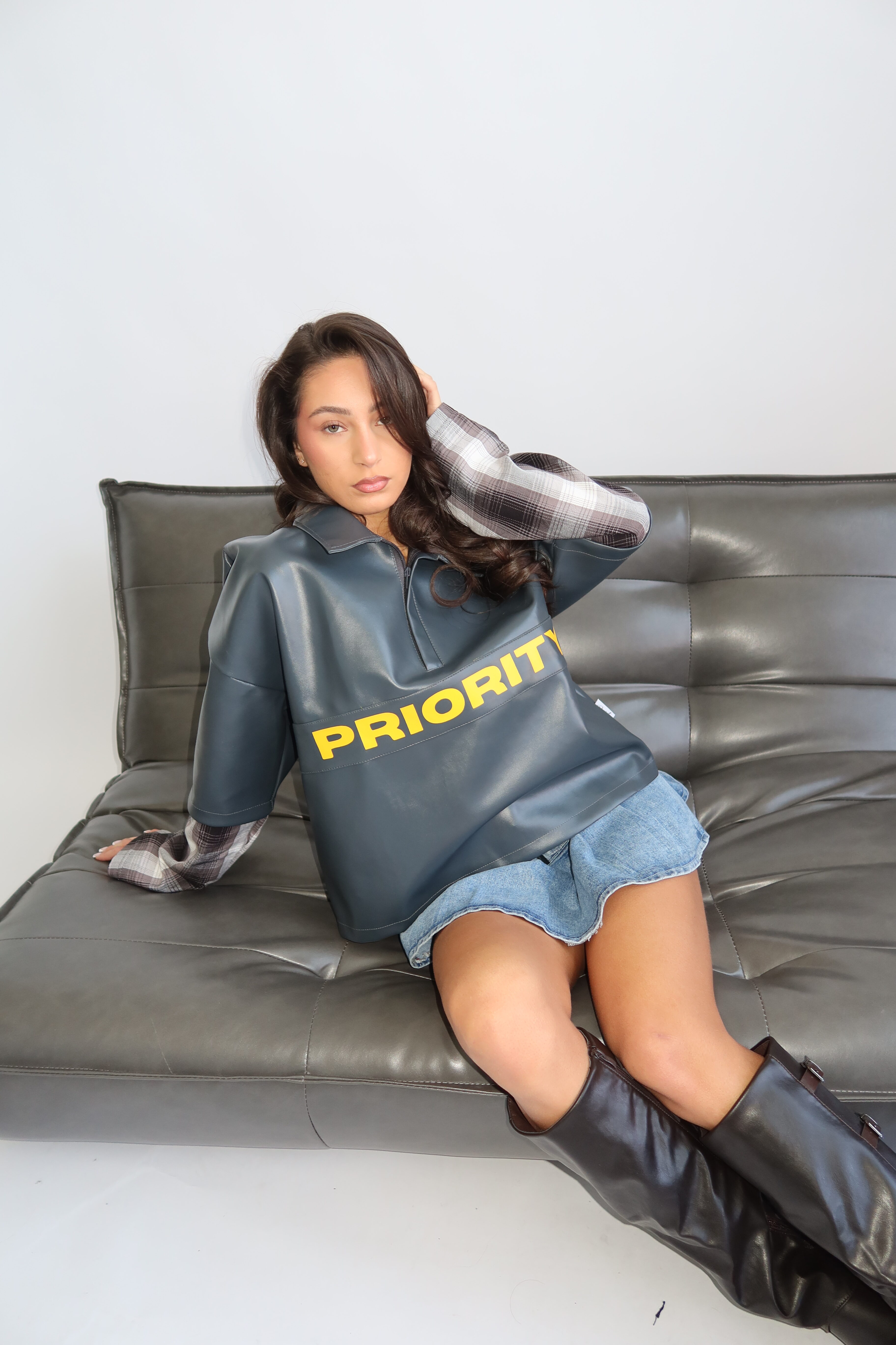 AW25 - PRIORITY - LEATHER SHIRT WITH CHECKED SLEEVES - DENIM GRAY - Image 14